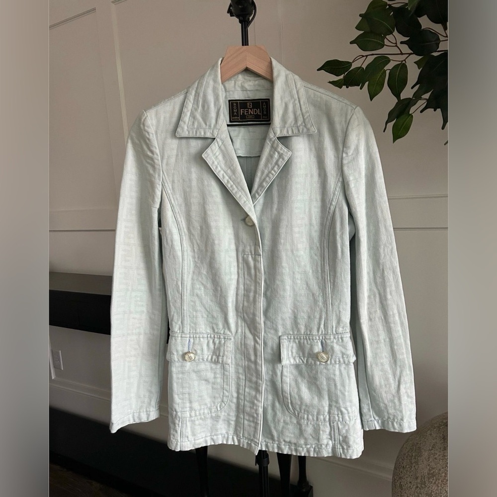 Fendi Jeans FF Monogram‎ Jacquard Blazer Light Blue Small Vintage Feminine